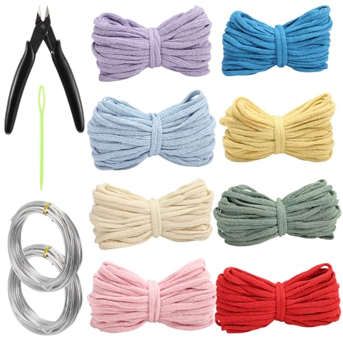 Gemscream 12 Pcs Knitted Wire Art Kit Include 8 Rolls Hollow Knitted Crochet Yarn 2 Rolls Aluminum Craft Wire with Needle Nose Plier and Sewing Needle for Beginner for DIY Crafts Sewing Crocheting