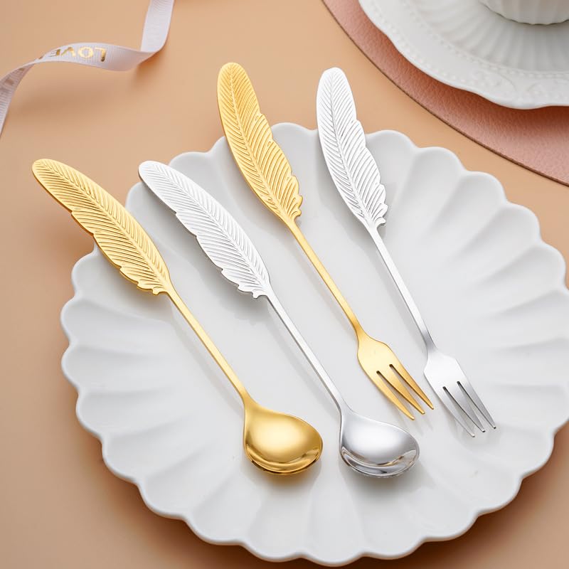 sdneNest Juego de cubiertos de 10/40/60/80/100/120 piezas de cucharas y tenedores de plumas de acero inoxidable 304, regalo creativo, cuchara pequeña, cuchara de café, cuchara de postre y arco iris