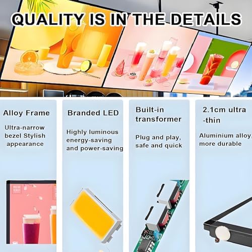 Wall Mounted LED Menu Light Box - 3D Slim Snap Frame, Backlit Billboard for Restaurants & Cafes, Vertical Screen Display 60x100cm with Telescopic Rod