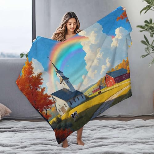 DRPZ Manta personalizada con imagen, una pintoresca escena rural con una iglesia, graneros, vacas y una manta de franela arcoíris para mamá, manta pequeña (150 x 200 cm)