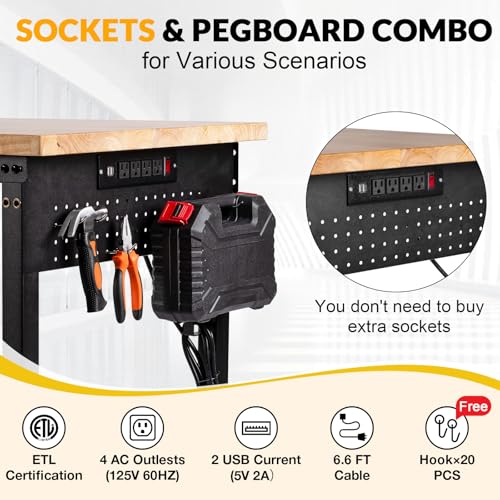 Image of 60 inch Workbench with Drawers, Adjustable Height Work Bench 2000 LBS Heavy-Duty Work Table Rubber Wood Work Station with Power Outlet & Pegboard for Garage, Office, Workshop, Home, Party Shop