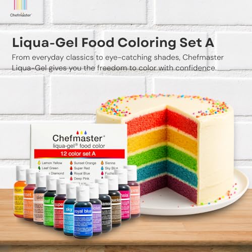 Chefmaster - Liqua-Gel Food Coloring - Fade Resistant Food Coloring - 12 Pack - Vibrant, Eye-Catching Colors, Easy-To-Blend Formula, Fade-Resistant