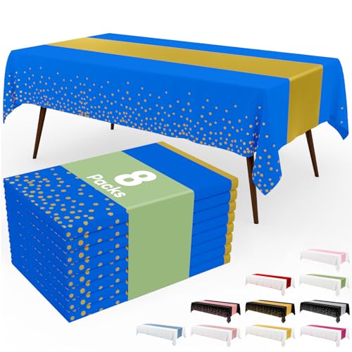 Image of Smiry Plastic Table Cloth Disposable 8 Pack, 54 x 108 Inch Rectangle Waterproof Tablecloth, Printed Gold Table Runner Style for Birthday Weeding, Party Decorations, Leakproof & Sturdy, Blue and Gold