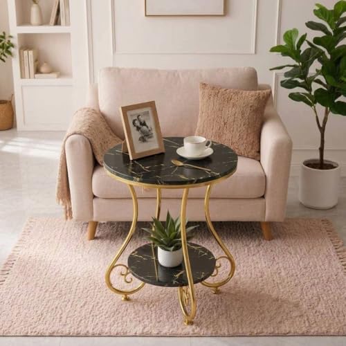 Image of CARTADEN 2 Tier End Table in Living Room, Industrial Style Round Bedside Table with Storage, Small Outdoor Coffee Table for Bedroom Balcony Patio Gold Black
