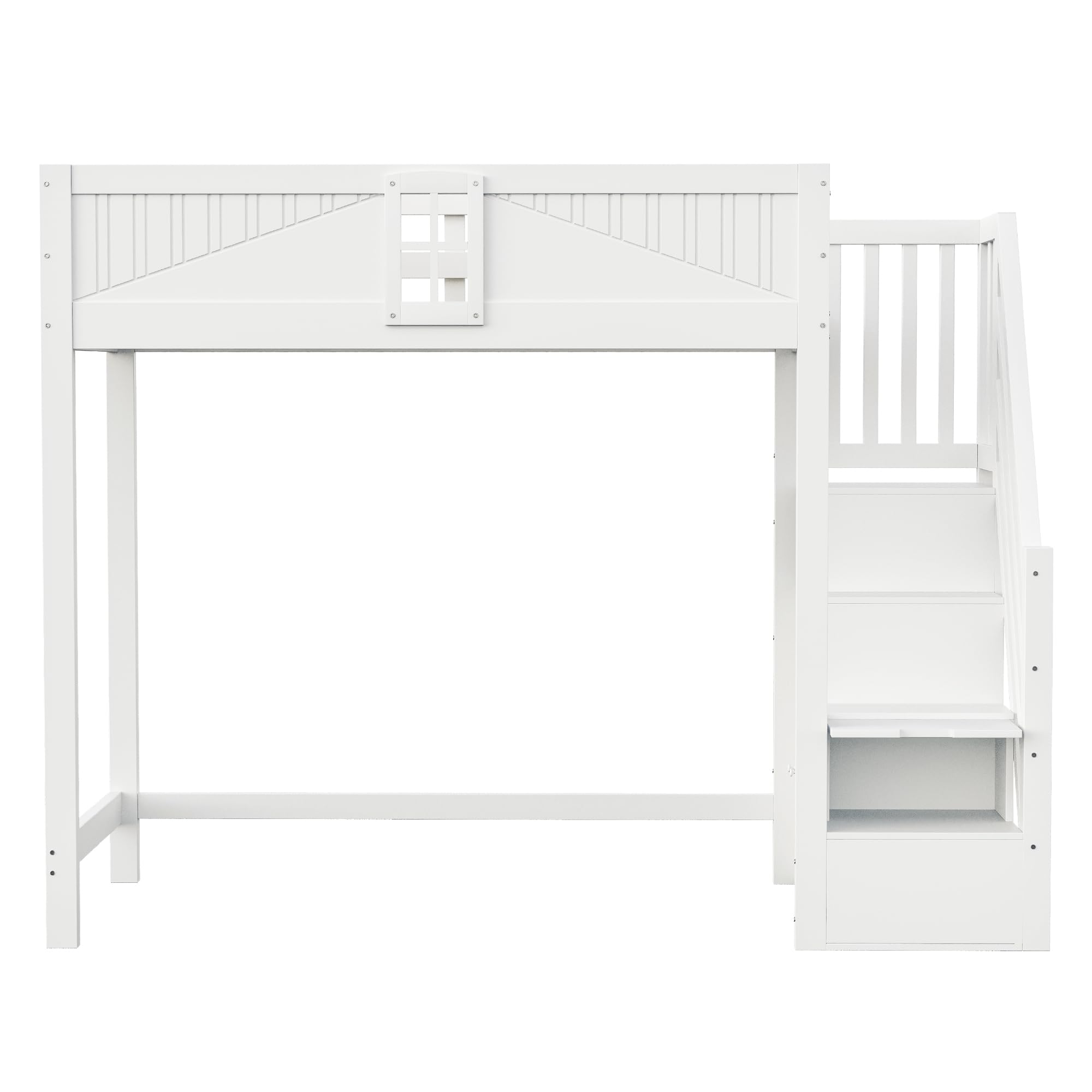 Azkoeesy Letto a soppalco per bambini con scala e armadio, 90 x 200 cm, in legno di pino, grigio-bianco, design a forma di finestra, per adulti e ragazzi (bianco)