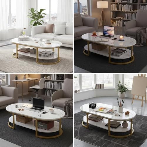 Image of Shoppee Modern 2-Tier Center Table with Engineered Wooden Top & Gold Metal Frame, Cocktail Sofa Table Living Room, Elegant Coffee Table - for Home, Office, Dining (Black & Black)