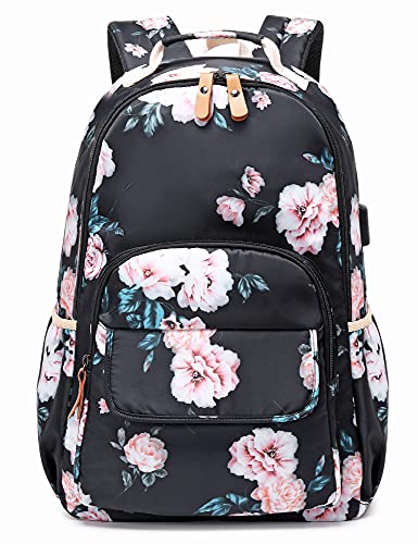 Image of Leaper Floral School Backpack Girls Bookbag Daypack USB Charging Port Black-2