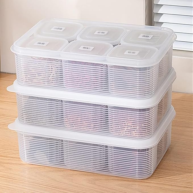Image of TASMAX Fridge Storage Boxes, Plastic Fridge Containers, Fridge Accessories Items, (detachable bins 6 GRIS with lid PACK 2)