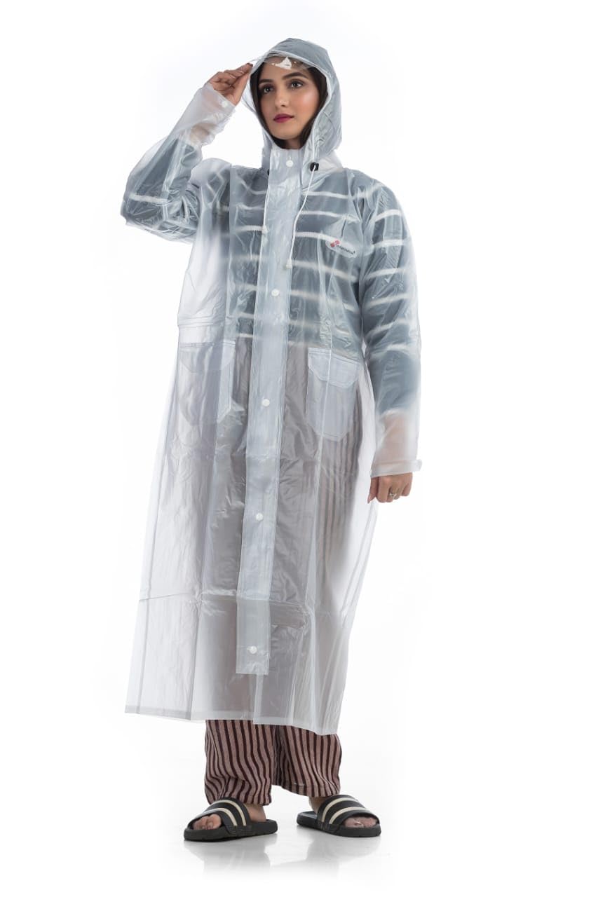 Raincoat for Women Girls Full Length Waterproof High Neck Hoody with Double Button Plus Zipper Closure Soft PVC White Semi Transparent-image-22