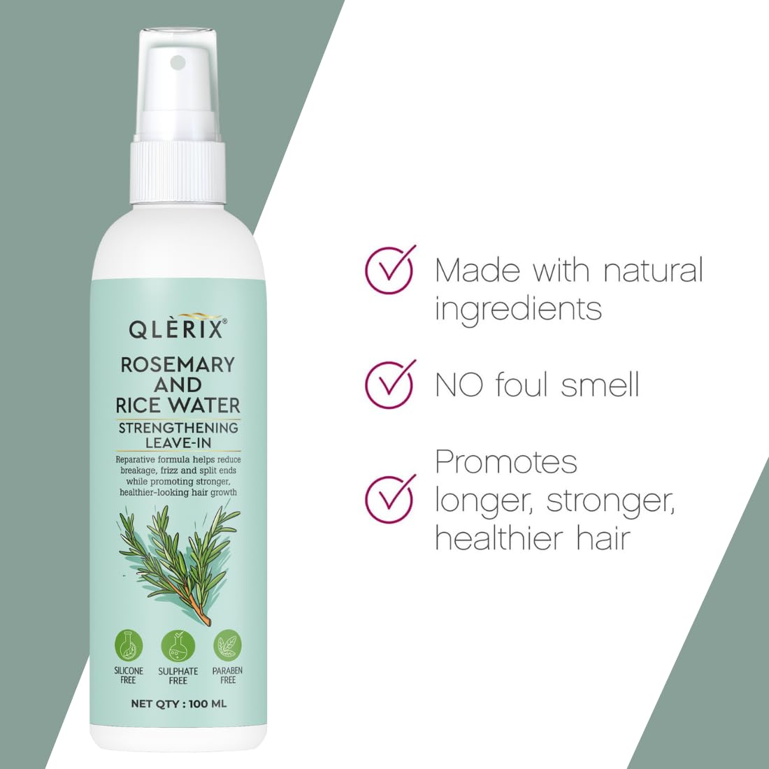 QLERIX Rosemary and Rice Water Spray for Hair Growth, Hairfall Control, Hair Thickness, Hair Strengthening & Hair Shine Leave-in Spray, Natural Ingredients, 100ml, For Men & Women All Hair Types (Pack of 5, Rosemary) 1