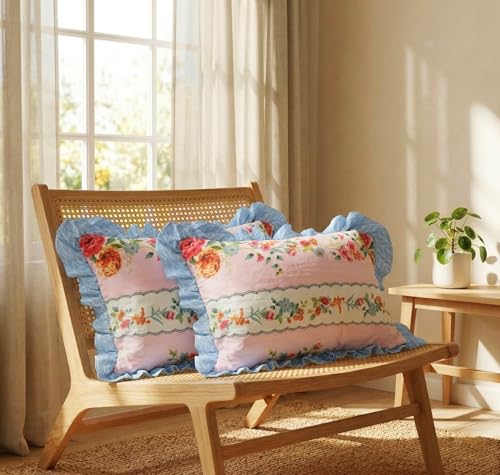 Image of VAS COLLECTIONS Cotton Pillow Covers Set of 2 (18x28 Inch) Rectangular Throw Pillow Cases with Frill Border, Envelope Closure Cushion Covers for Living Room, Bedroom & Diwan (Country Garden)