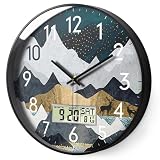 SCOAGE Silent Analog Wall Clock with Date & Temperature, 12'' Non-Ticking Battery Operated Digital Wall Clock Analog, Elk Mountain Pattern Decorative Clock for Bedroom/Living Room/Kitchen