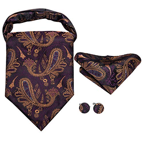 Image of Hi-Tie Silk Ascot for Men Self Tie Men's Cravat and Flower Lapel Pin Handkerchief Cufflinks Set for Wedding Party