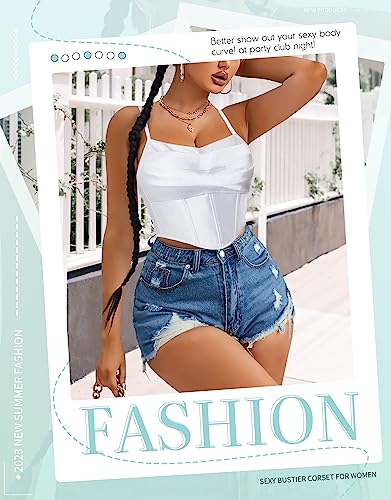 Loday Satin Corset Top Women Spaghetti Straps Boned Vintage Bustier Zip Back Y2K Fashion Going Out Party Crop Top(As1, Alpha, M, Regular, Regular, White) #TOP3