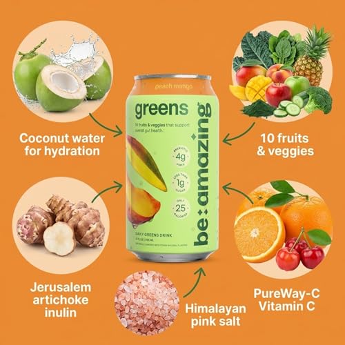 Image of Be Amazing Greens Drink, Peach Mango, Ready to Drink, 10 Organic Fruits & Vegetables, Coconut Water, Vitamin C, Prebiotic Fiber, 25 Calories, Low Sugar, Vegan, Gluten Free, On the Go, 8 Pack