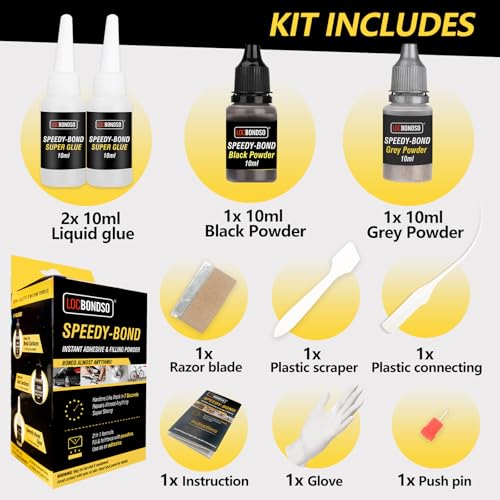 Image of LOCBONDSO Strong Glue Kit with Filler, Metal Plastic Repair Kit, 7-10s Fast Bond with 20ml Instant Adhesives and Black & Grey Welding Powders for Wood, Ceramics