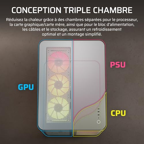 CORSAIR AIR 5400 RS-R ARGB Boîtier PC Triple Chambre Moyen-Tour Panoramique — Chambre Isolée pour AIO 360mm, Compatible Mères À Connexion Inversée, 3X Ventilateurs ARGB RS-R Inclus — Blanc