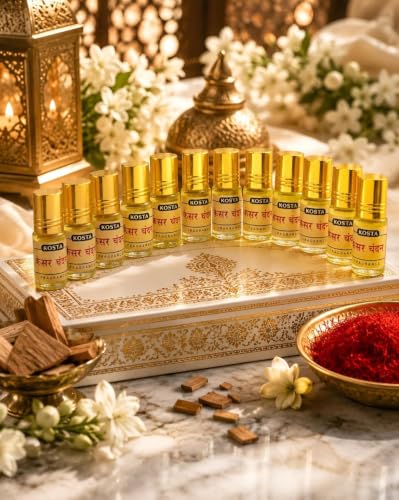 Image of KOSTA Kesar Chandan (Saffron Sandalwood) Attar 2ml Each| Alcohol-Free Long Lasting Roll-On Perfume Oil | Unisex Sandalwood & Kesar Fragrance Attar for men and Women (Pack of 12)