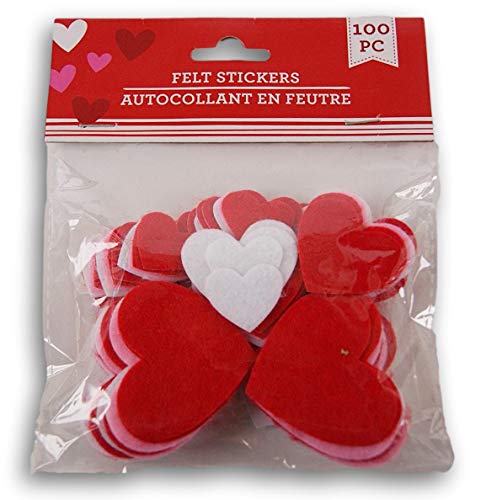 Daisy Crafts Heart Shaped Valentine Themed Felt Mini Sticker Set - Red, White, and Pink - 100 Piece