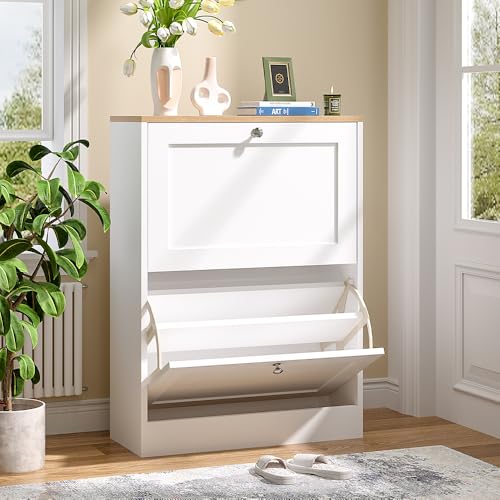 Warmiehomy 2 Drawer Shoe Cabinet with Flip Doors, Narrow Shoe Storage Cabinet with Removable and Adjustable Shelves, Freestanding Footwear Cupboard for Entryway, Hallway, Living Room, Bedroom, White