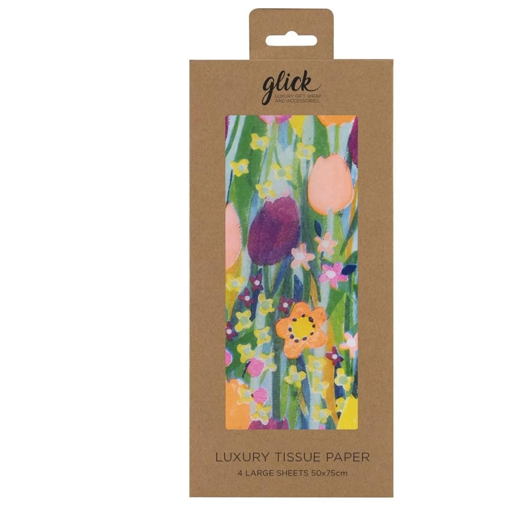 Glick Tulip Meadow Luxury Tissue Paper, Floral Design, Gift Wrapping, 4 Large Sheets, 50 X 75 Cm