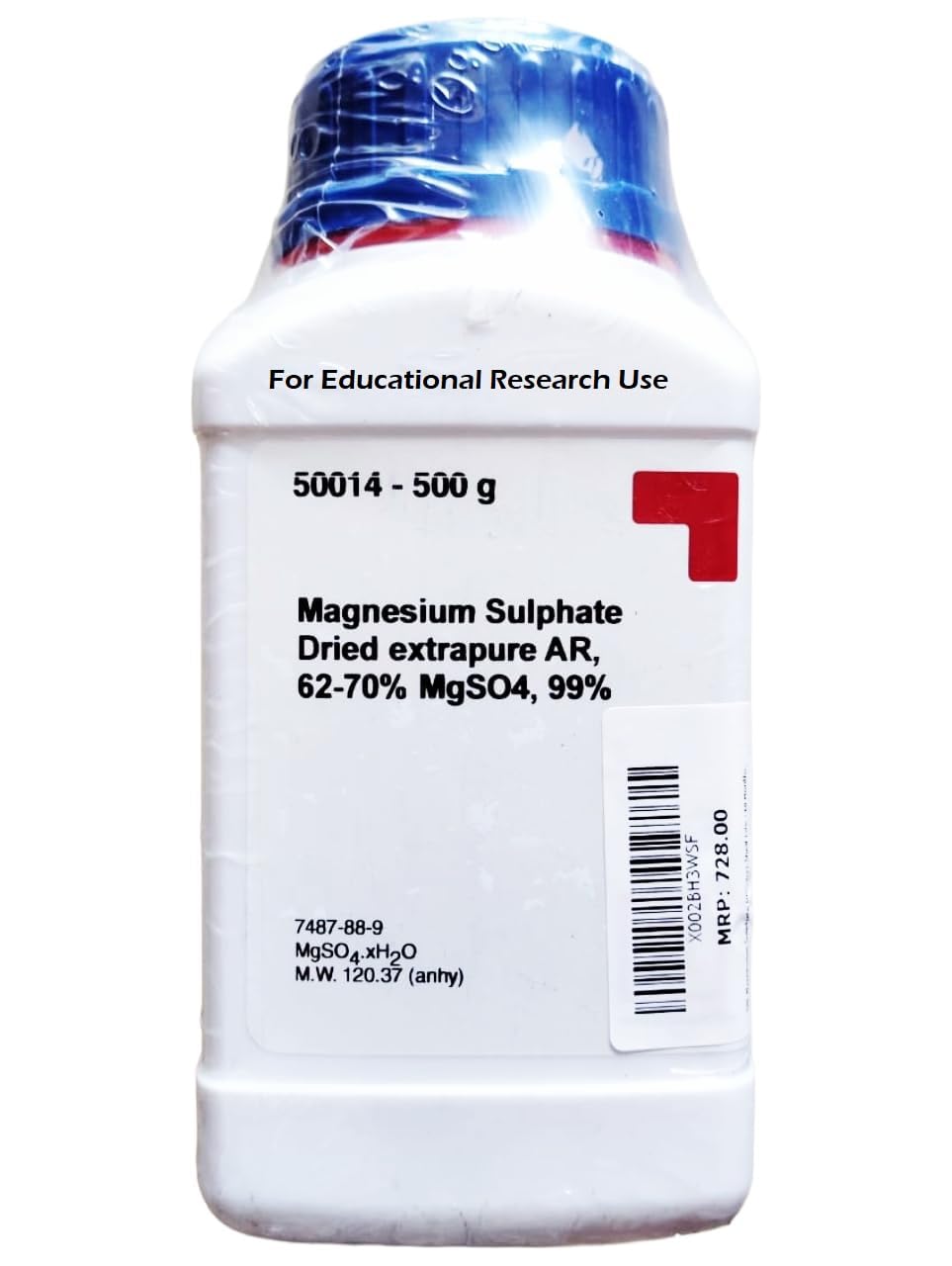 SRL Magnesium Sulphate Dried extrapure 500GM AR GRADE, 62-70% MgSO4, 99%(CAS 7487-88-9),Molecular Formula : MgSO4. xH2O, Molecular Weight : 120.37 (anhy),Shelf Life : 60 Months,