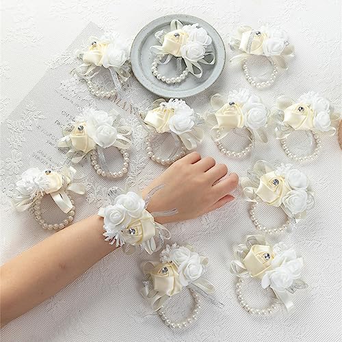 WeddingBobDIY 12Pcs/lot Women Bride Bridal Bridesmaid Wrist Corsage Silk Rose Pearls Girls Wedding Hand Flowers Party Decoration (Ivory)