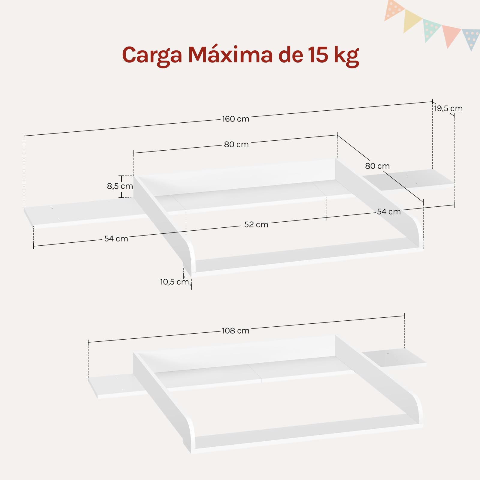 WOLTU Cambiador Accesorio para Cómoda, Tablero Cambiador de Pañales con Borde Protectora, MDF Blanco, 160x80x10 cm (Zona para Bebé 80x80 cm)