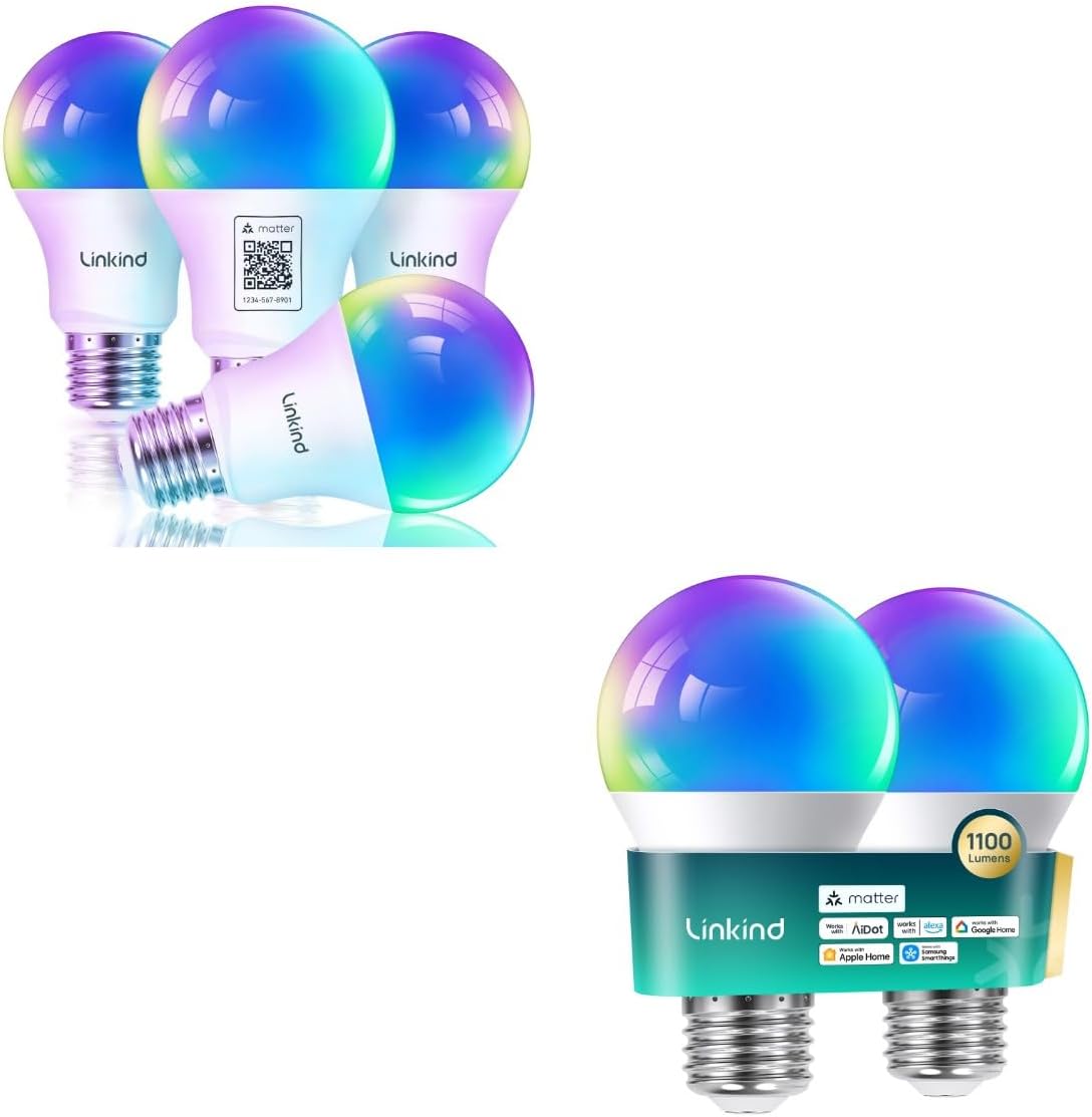 Matter Smart Light Bulbs 1100LM (75W Equivalent) 2Pack Bundle Matter Smart Light Bulbs 800LM (60W Equivalent) 4Pack (Compatible with Alexa/Apple Home/Siri/Google Home/SmartThings)