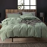 ECOCOTT Sage Green Duvet Cover Full Size - 100% Washed Cotton Durable Soft Comfy Duvet Cover Set, 3