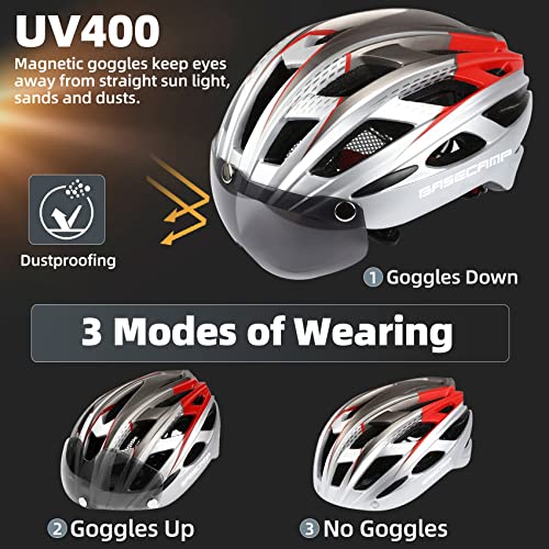 Bike Helmet, Basecamp Bicycle Helmet With Rear Light & Detachable Magnetic Goggles & Portable Backpack Lightweight Cycling Helmet Adjustable For Adult Men Women Mountain & Road (Bc-069) #TOP1