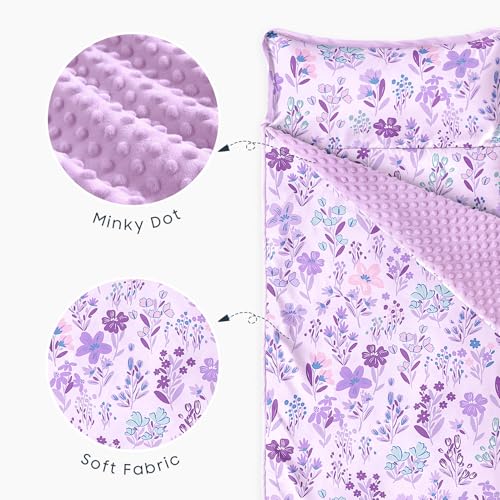 Image of Wake In Cloud - Toddler Nap Mat with Pillow and Minky Fleece Blanket, for Kids Girls Ages 3 Plus in Daycare Preschool Kindergarten, Roll Up Sleeping Bag, Floral Flowers