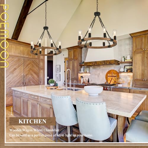 Image of Oak Wooden Wagon Wheel Chandelier 8-Light 23.6 inch Light Fixture