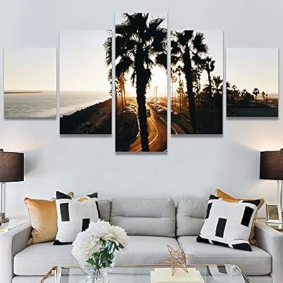 SIGNWIN 5 Panel Canvas Wall Art Palm Tree...