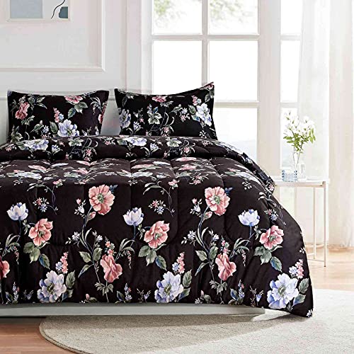 Nanko Queen Comforter Set 3pc, Dark Black Floral Printed Pattern Reversible Down Alternative Microfiber Bedding - All Season Duvet and 2 Pillowcases Farmhouse Bed Sets Women Men, Size 88 x 90 Flower