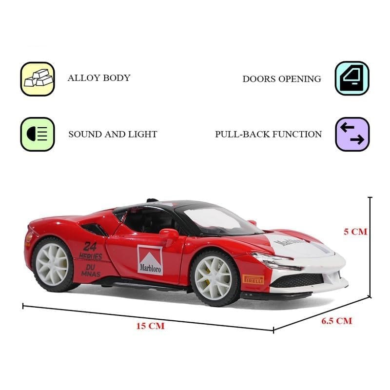 Image of WORSHIPER Ferrari MARBLORO Model Car 1:32 Exclusive Alloy Metal Pull Back Die-cast Car Die-cast Metal Pullback Toy car with Openable Doors & Light Music