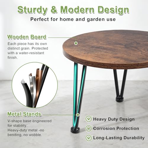 Image of Vigordream Metal Plant Stand Indoor, Heavy Duty Wood Single Planter Holder | Round Flower Pot Stands, Low Plant Table, Mid Century Modern Corner Planter Riser, Decorations for Home, Patio, Garden