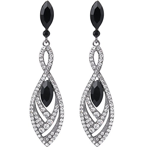 BriLove Fashion Dangle Earrings for Women Crystal Gorgeous Twisted Dual Teardrop Chandelier Earrings Black-Silver-Tone Black w/White