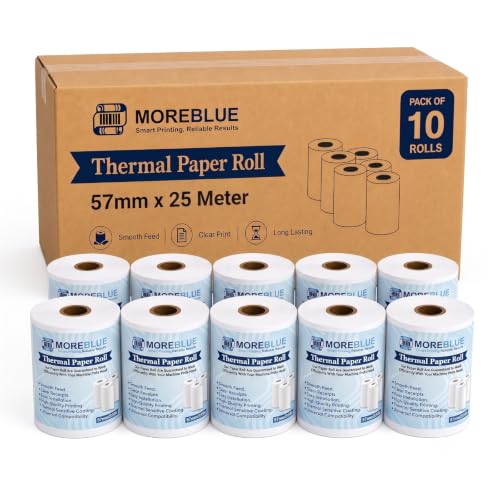 Image of MOREBLUE 57mm(2 inch) x 25 Meter Thermal Receipt Paper Roll, BPA-Free,Print for POS, Credit Card Machines, Cash Registers (Pack of 10)
