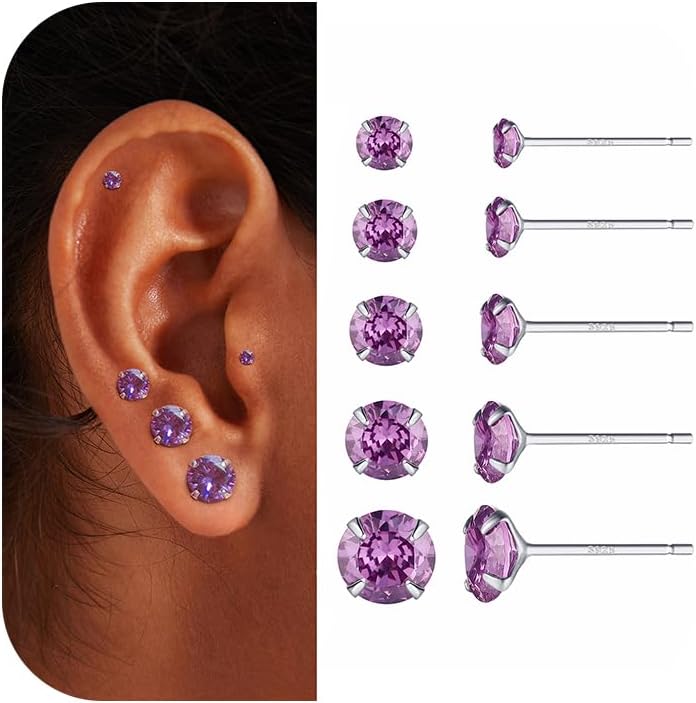 AIBELOPY 1 Pair Amethyst Earrings for Women 925 Sterling Silver Purple Studs Earrings February Birthstone Earrings Hypoallergenic Cubic Zirconia Earring Studs Trendy Jewelry