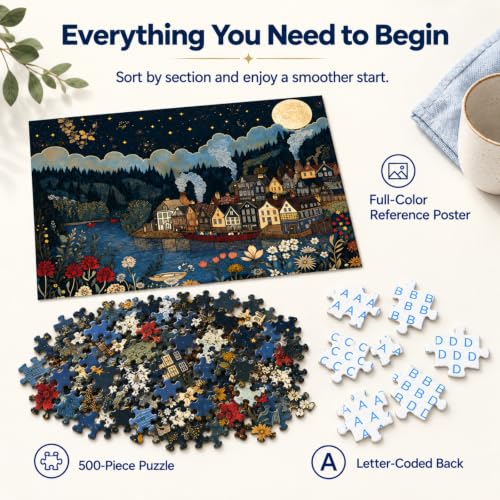 500 Piece Jigsaw Puzzle for Adults, Moonlit Lakeside Village by AuraTile - Used condition - Image 5