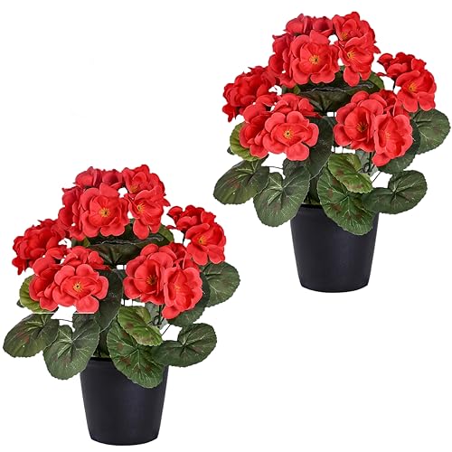 SEBOVIM 2PCS Artificial Geraniums Silk Flowers in Pot Outdoor UV Resistant Red Faux Flower Plants for Indoor Home Garden Grave Decor Funeral Flowers Arrangement