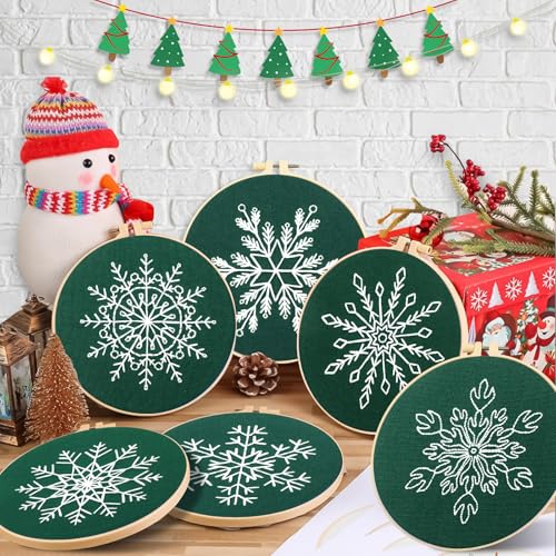 Image of CMINAUS 6 Sets Christmas Embroidery kit for Beginners Adults, Green Christmas Ornament Kit Snowflakes Needlepoint Cross Stitch Kits, Stitch Learning Kit with Needles Ropes Ribbon for Xmas Decorations