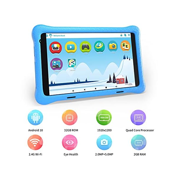 HAPPYBE 8 inch Kids Tablet, 8" Display, 1080p Full HD, Quad Core Android 10, 32GB, Parental Control, Kidoz Installed, WiFi, Dual Camera Google Play, YouTube, Children’s Tablets, Kid-Proof Case (Blue)