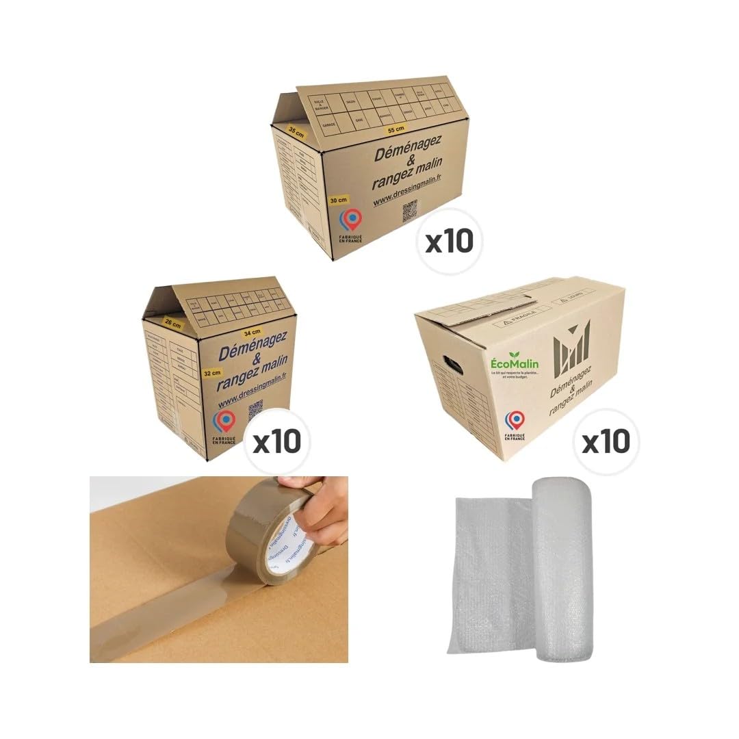 Kit Déménagement T2, 30 Cartons, Papier Bulle, Adhésif, pour Appartement 40-50 m²