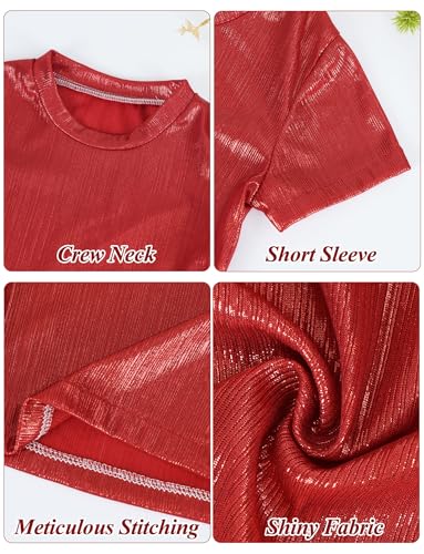 Image of Happy Cherry Kid Girl Shiny Skirt and Top Set 2 Piece Texture Ribbed Metallic Disco Rave Cheer Outfit 4-12T