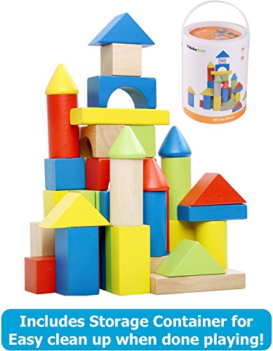 Deluxe 50 Piece Hand-Crafted Wooden Building Blocks Set with Carrying Container - Hardwood Plain & Colored Wood Playing Toy Blocks for Boys & Girls - Durable Stacking Blocks for Toddlers Preschool age - Thumbnail 6