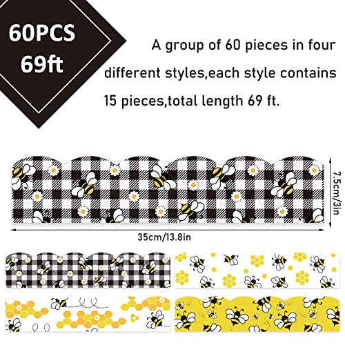 Image of Whaline 69Ft Bee Bulletin Board Borders Black Yellow Cartoon Bees Honeycomb Bulletin Board Stickers Plaid Daisy Flower Border Trim for Classroom Office Bee Themed Party Decoration, 60 Pcs