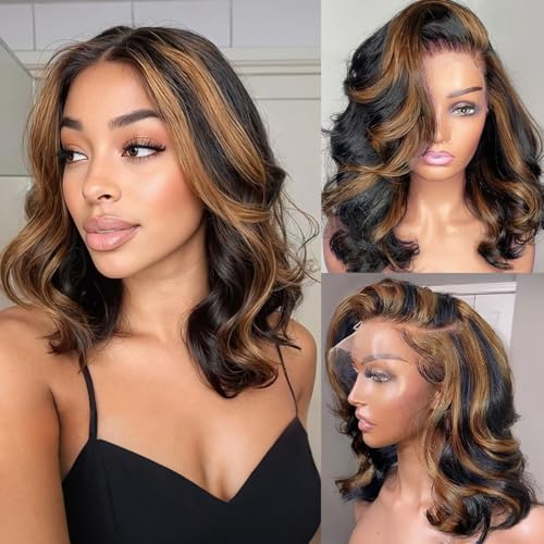 Afribye 13x6 Highlight Body Wave Lace Front Wigs Human Hair 200% Density FB/30 Ombre Frontal Wigs Human Hair Pre Plucked Short Wigs for Black Women Glueless Balayage HD Lace Wig Loose Wavy 14 inch