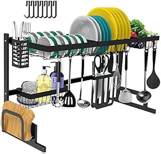Dish Drying Rack Over The Sink , Adjustable(33.5-40.5in)Large Dish Rack Drainer for Kitchen Organization Storage Space Saver Shelf Holder with 7 Utility Hooks Dish Rack Over Sink【Fit Sink 32